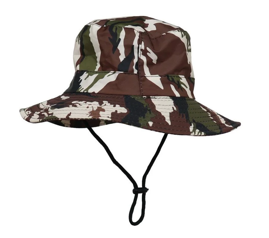 Los chicos de la cuchara de camuflaje Army-Green sombrero para protegerse del sol La pesca Hat amplia Brim Boonie Hat Chin-Strap para niños