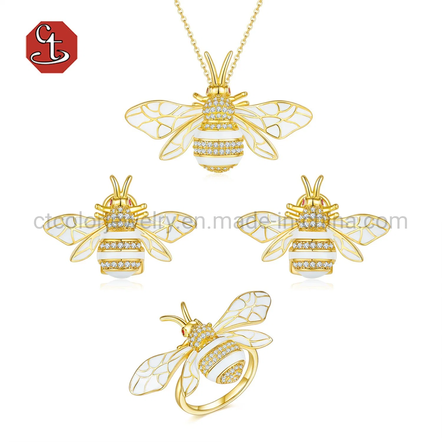 Neueste Silber 925 Sterling Ohrringe 14K Gold Emaille Animal Bee Modeschmuck