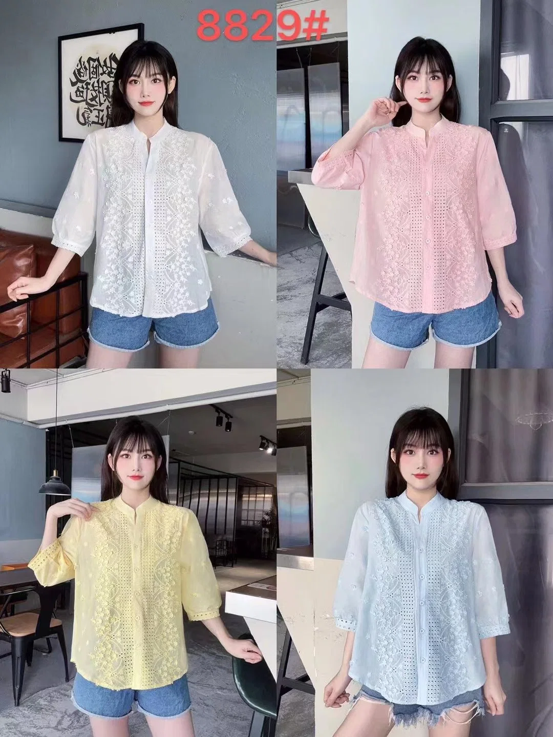 2023 Summer Cotton Polo Neck MID-Sleeve Hollowed out Design Sense Large Size Loose Casual Slimming Shirt Women's Clothing of Apparel