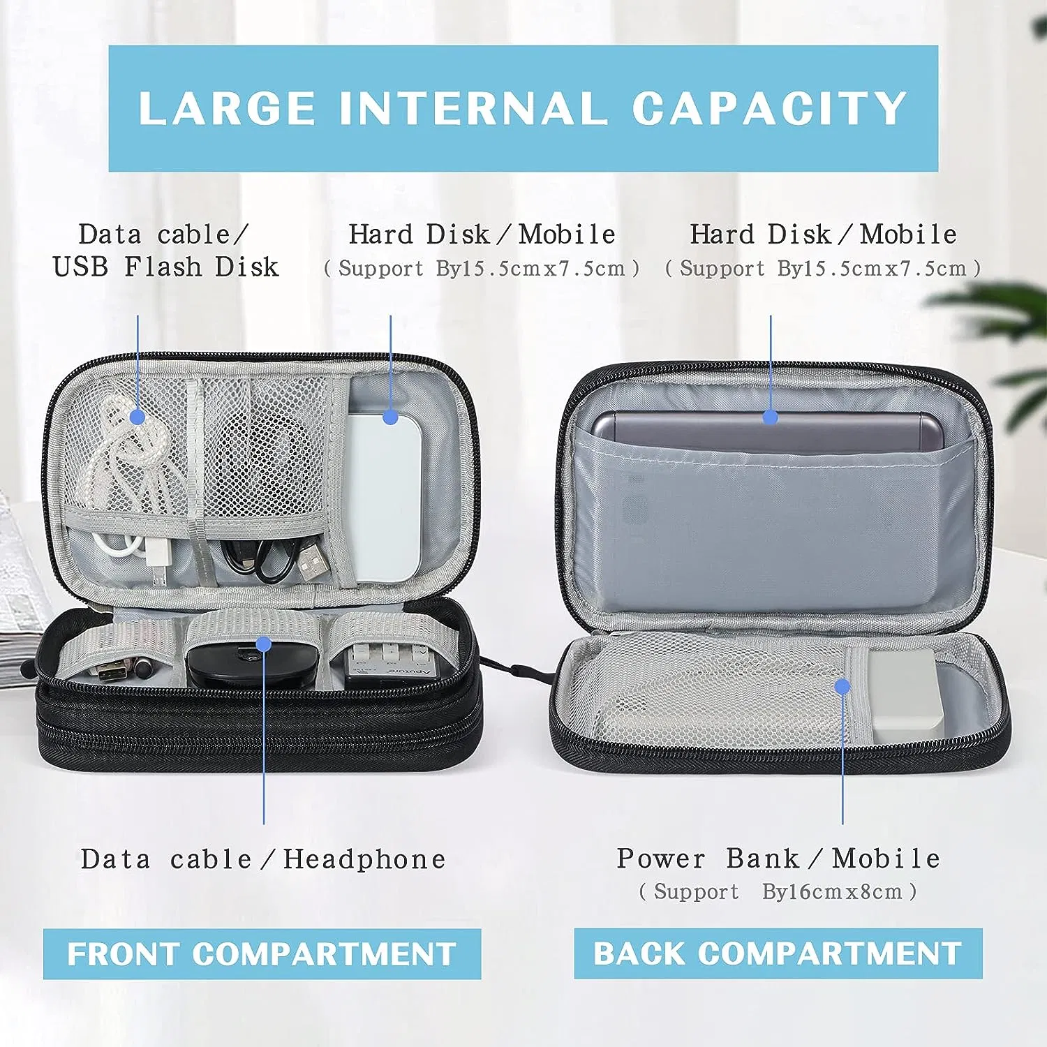 Funda para organizador de cables de viaje Accesorios electrónicos funda de transporte portátil impermeable Doble capas todo en uno Bolsa de almacenamiento para cable, cargador, teléfono, auricular negro