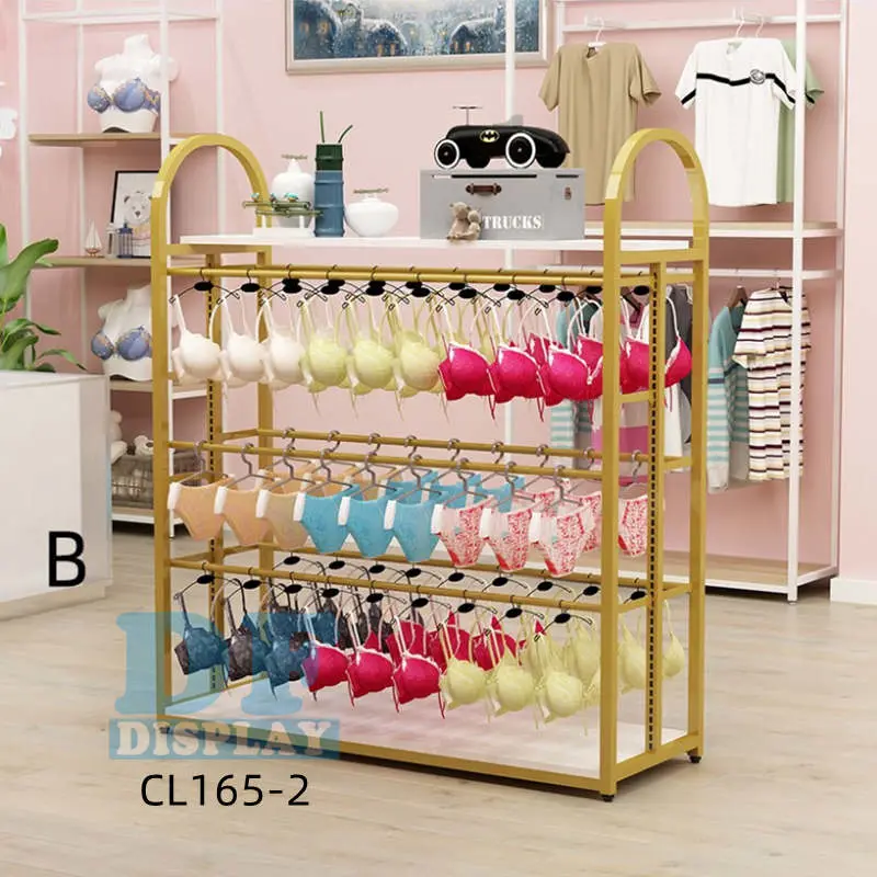 Retail Store Fixture Hanging Clothes Custom Shop Design Metal Gold Clothing Dress Display Rack Underwear Display for Boutique Wooden Metal MDF Rack