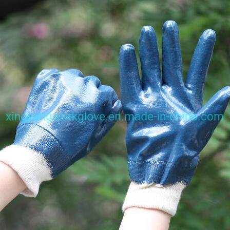 Jersey Cotton Liner Heavy Duty Fullly Blue Nitrile Coated Smooth Finish Knit Wrist Safety Industrial Work Glove