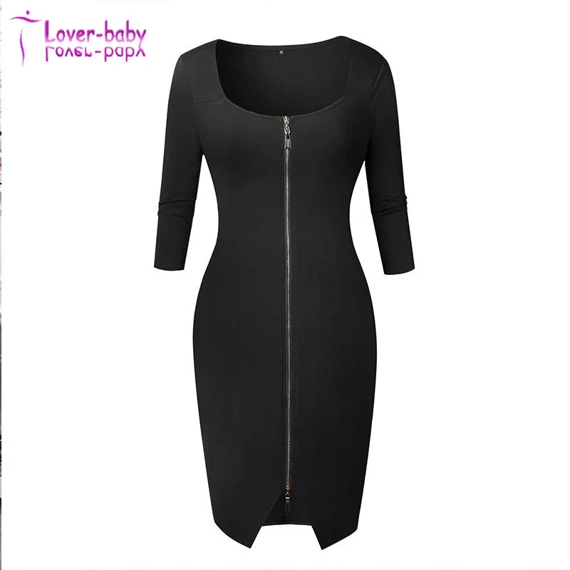 Solid Color Zipper Half Sleeve Knee-Length Bodycon Dress