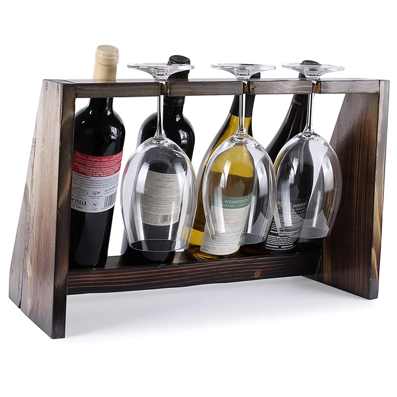 Wood Storage Rack Dining Room Torched Countertop Wine Bottle & Glass Holder