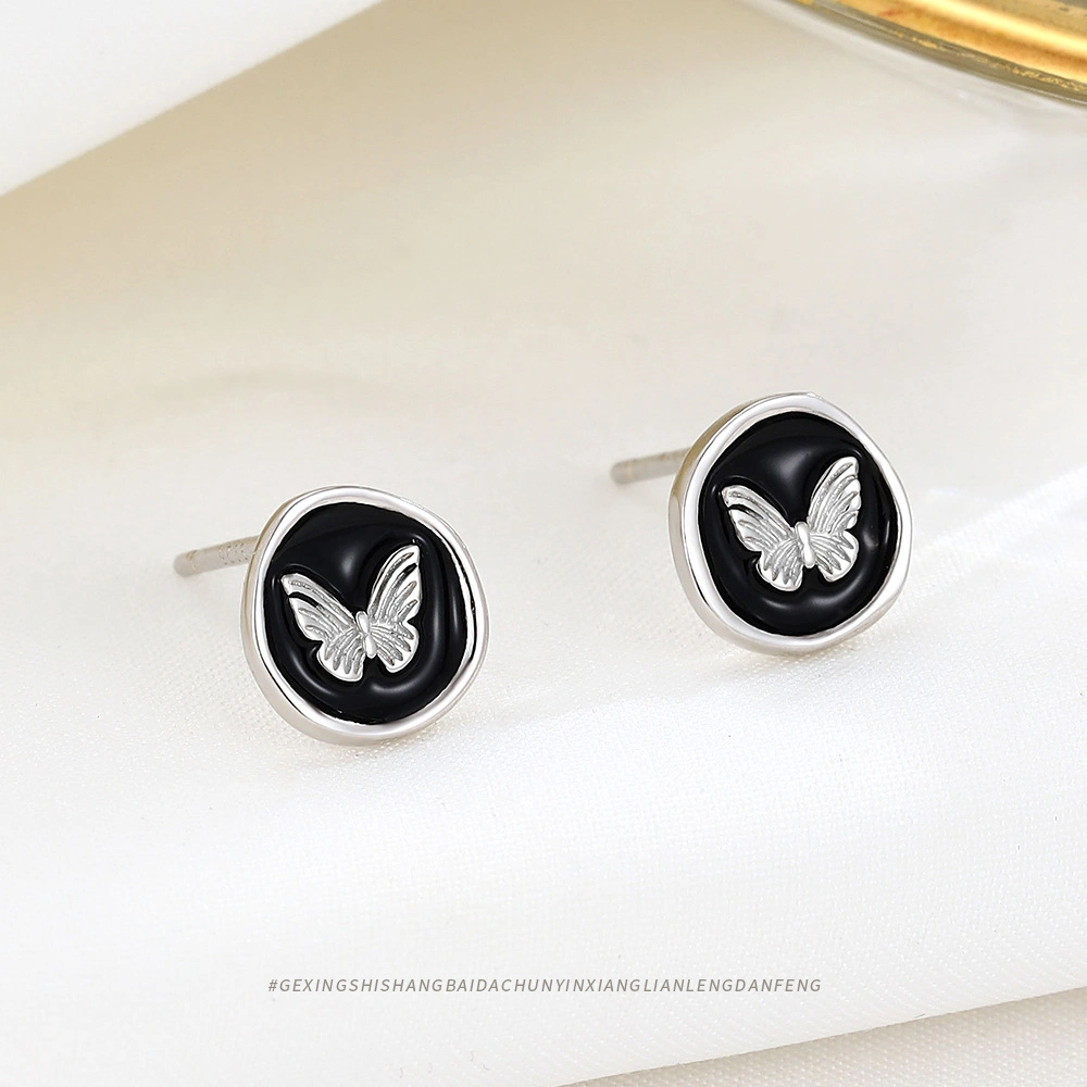 Vintage S925 Silver French Sweet Enamel Black Lacquer Butterfly Earrings