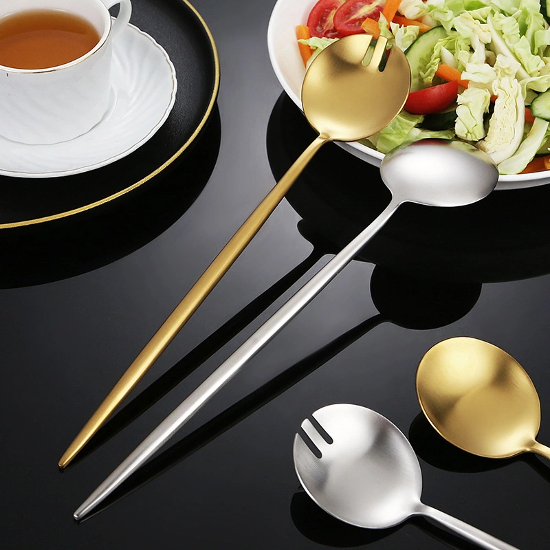 Coreano de qualidade Matte Gold Hotel Buffet que serve Fruit Cutlery Suporte longo para salada de aço inoxidável e garfo