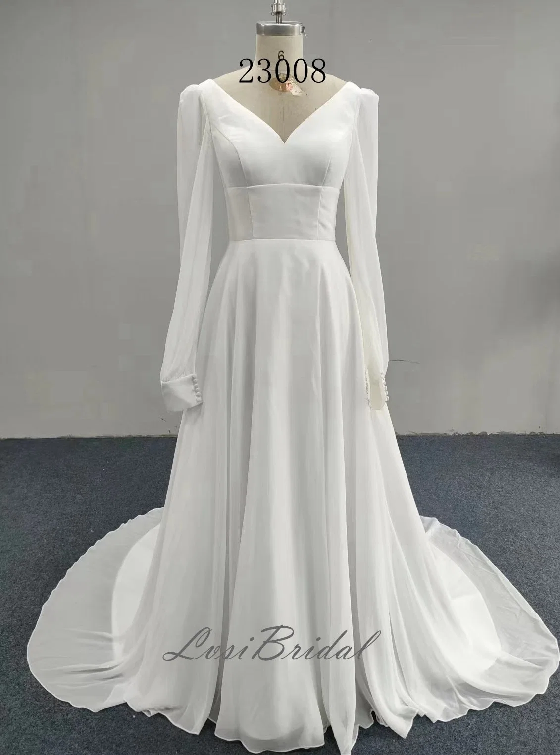 23008 V Neckline Plain Chiffon Fabric Wedding Dress with A-Line Skirt Dress Evening Dress Foreign Trade Simple Style