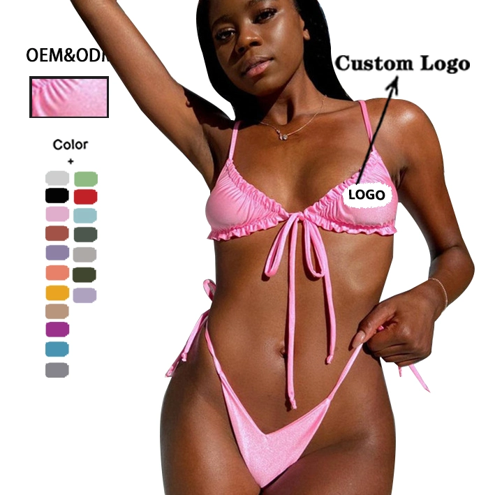 OEM & ODM Wholesale/Supplier Sexy Swimsuit Ruffle G String V Cut Sexy Micro Bikini Thong Swimwear Two Piece 2021