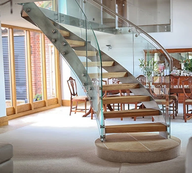 Modern Indoor Wood Stainless Steel Curved Stairs with Glass Railing