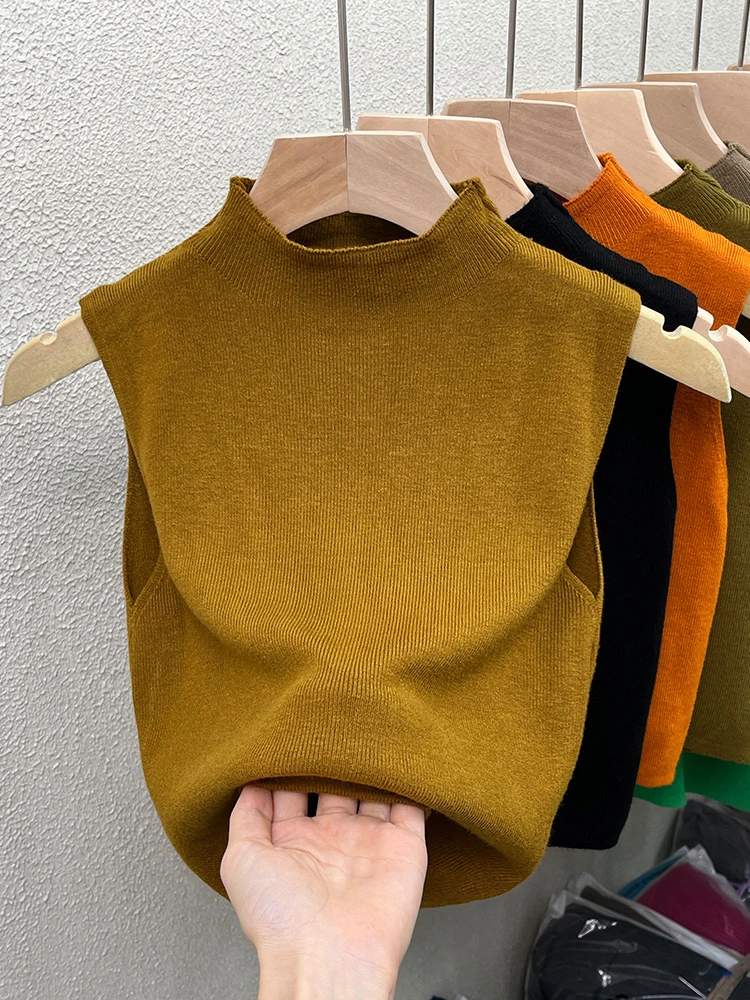 La mitad Turtleneck Chaleco tejido pequeños tirantes para mujer Otoño e Invierno