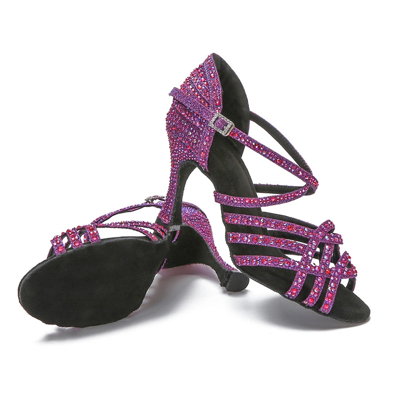 Chaussures de danse latine à talons hauts en tissu pailleté avec design en cristal
