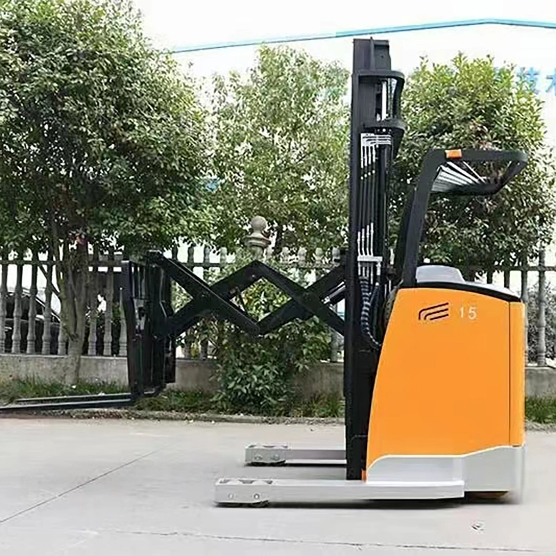 1,5 Ton AC Motor eléctrico Doble profundidad Scissor alcance apilador Carretilla elevadora para almacén