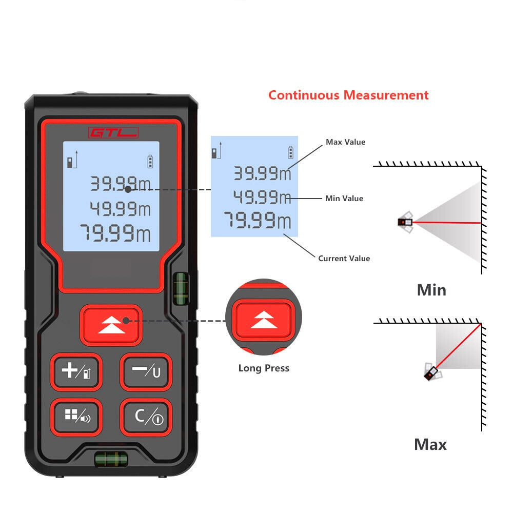 Medidor de distancia láser digital 196FT con 2 niveles de burbuja horizontal (LDM-DK60)