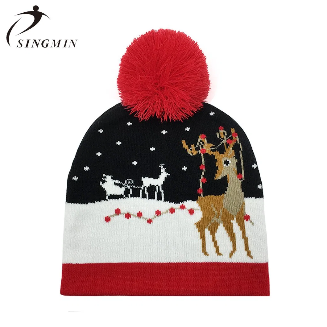 New Christmas Reindeer Jacquard Pompom Warm Knitted Kids Neck Gaiter Hats Set