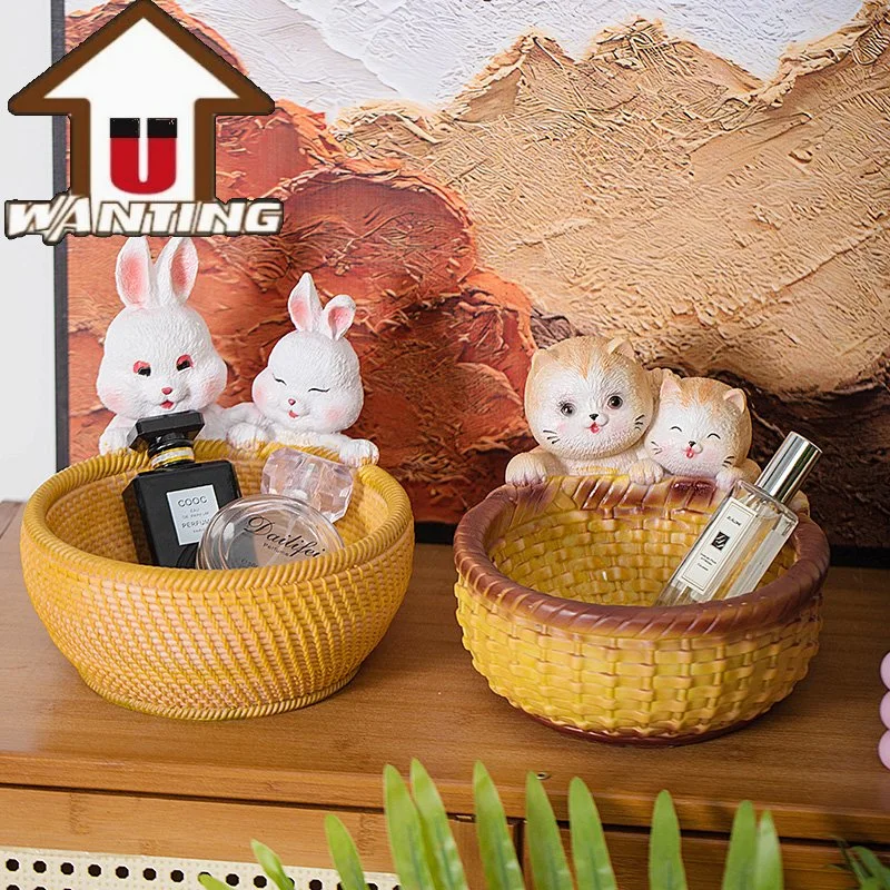 Cartoon Cat Imitation Woven Storage Basket Desktop Decor Animal Model Home Decoration