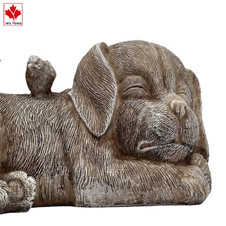 Dog Memorial Statue Resin Sleeping Dog with Birds Garden Decor Ornament