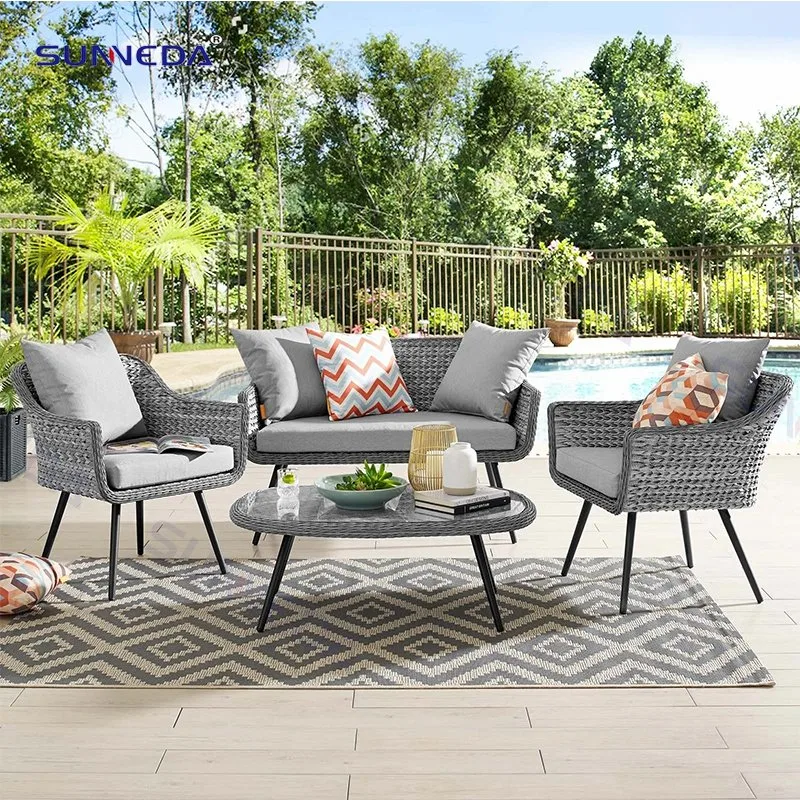 Balcony Garden Furniture Set Patio Couch Coffee Table Aluminum Rattan Double Seat Garden Sofa Loveseat Outdoor Sofa