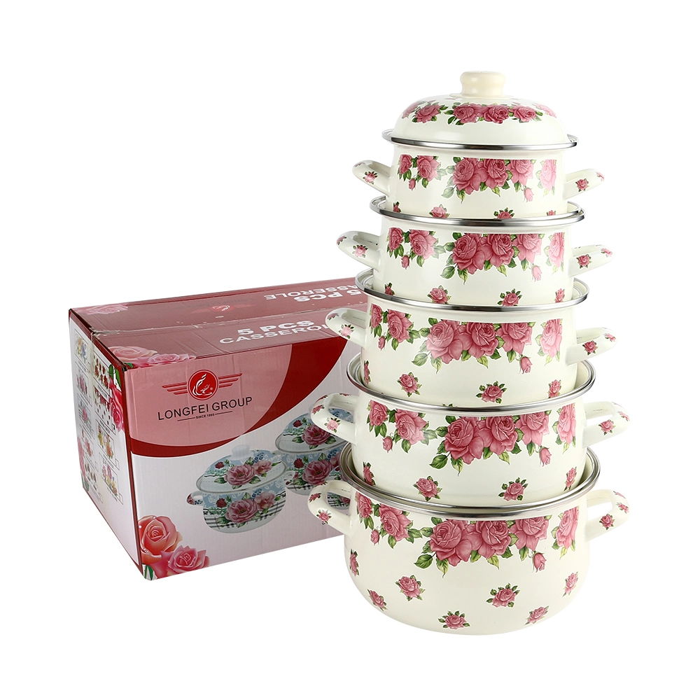 18-26cm Full Printing Stocks Cookware Rose Cooking Set Soup Container Camping Pot Enamel Casserole Set