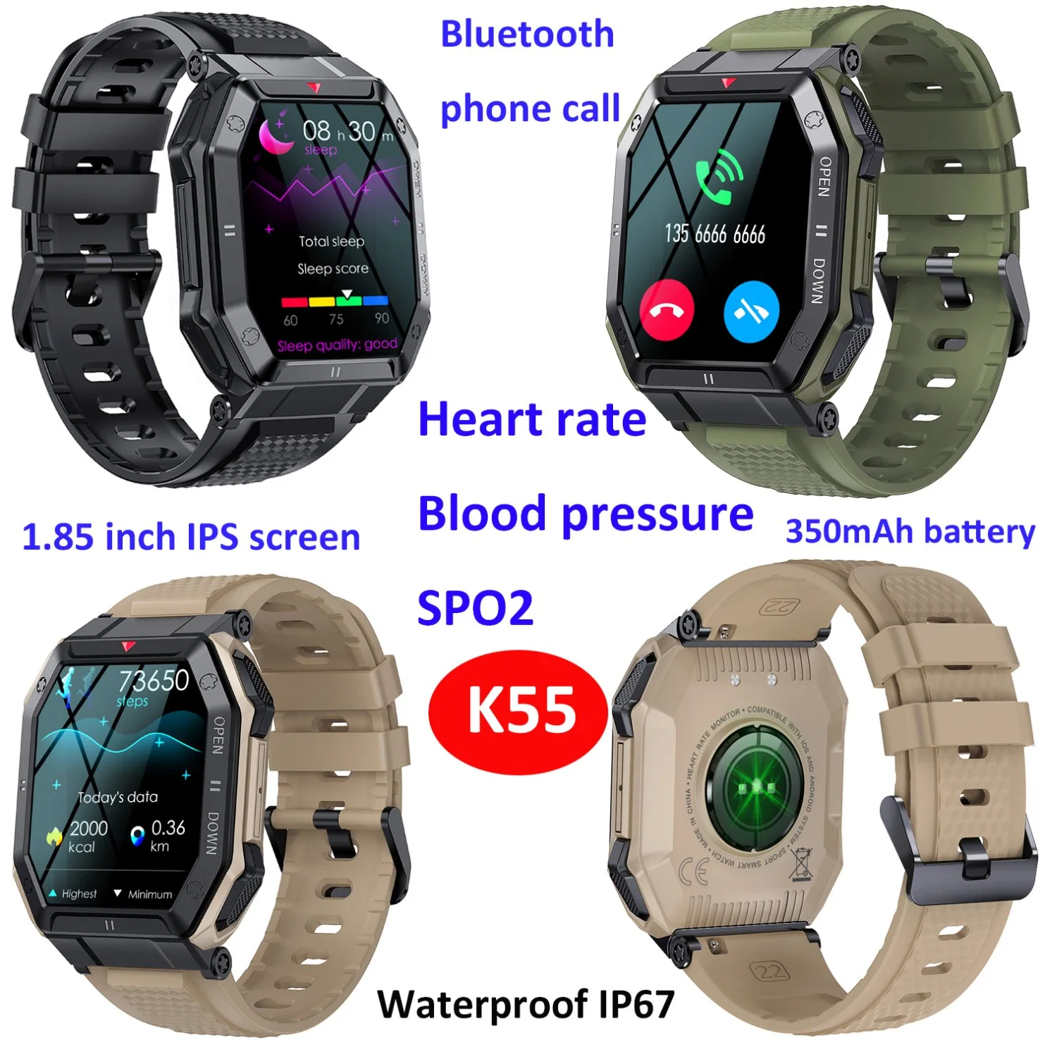 Usine chinoise de montres intelligentes pour hommes, compatibles avec IOS et Android, avec suivi de la fréquence cardiaque et de la tension artérielle, bracelet Bluetooth pour téléphone portable de sport K55.