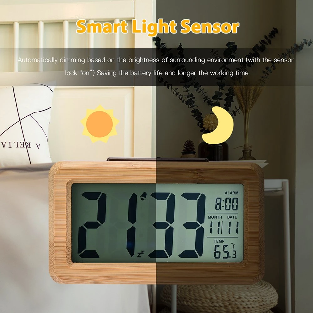 Natural Bamboo LCD Calendar Smart Alarm Clock