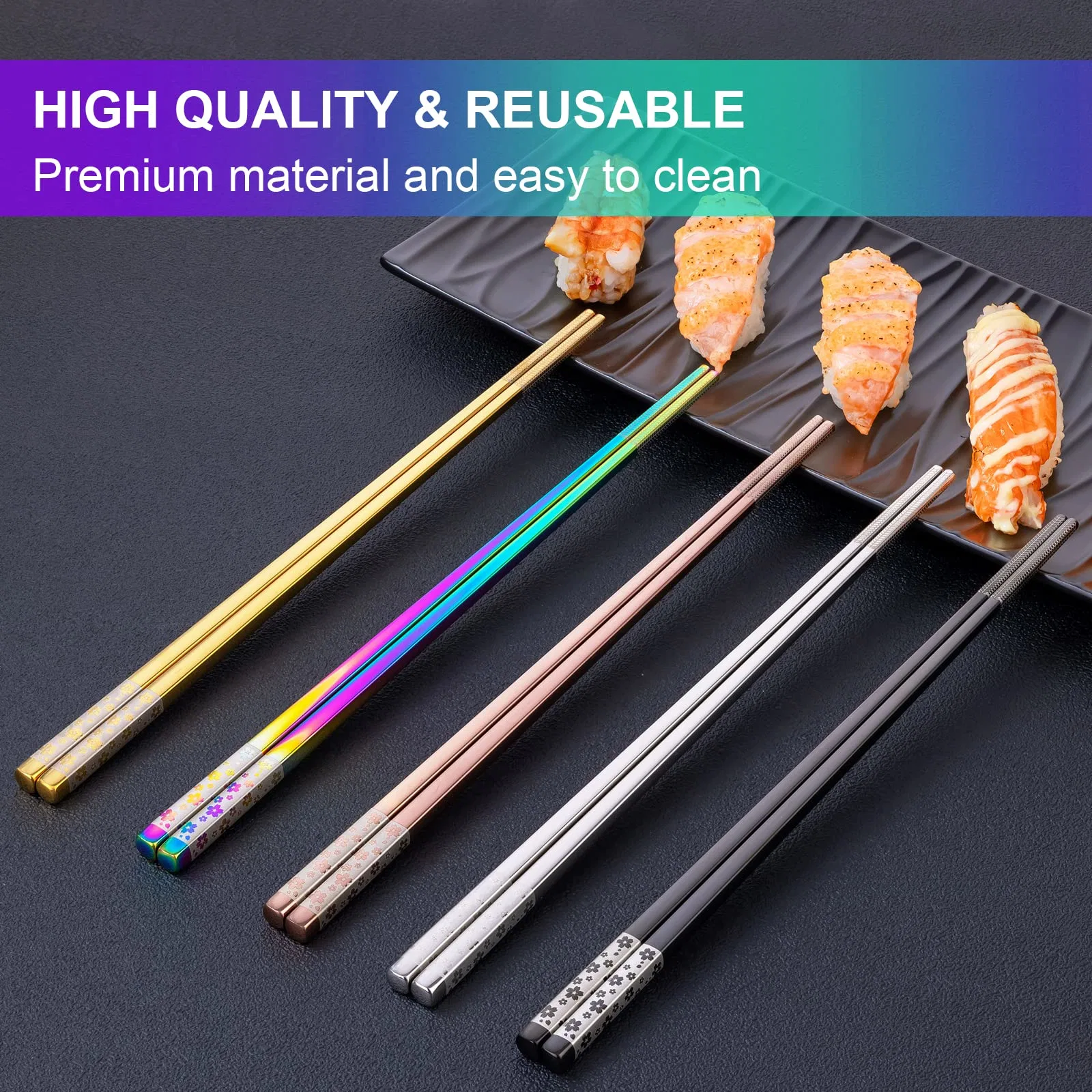 Multicolor Metal Reusable Stainless Steel Dishwasher Safe Lightweight Non-Slip Chopsticks