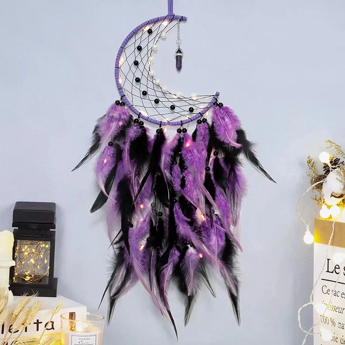 Nordic Purple Moon Handmade Dream Catcher with LED Wall Decor