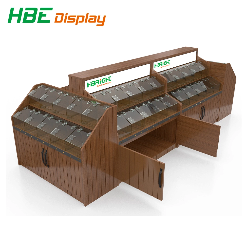 Wooden Double Side Bulk Food Rack with Plastic Box for Snack Shop