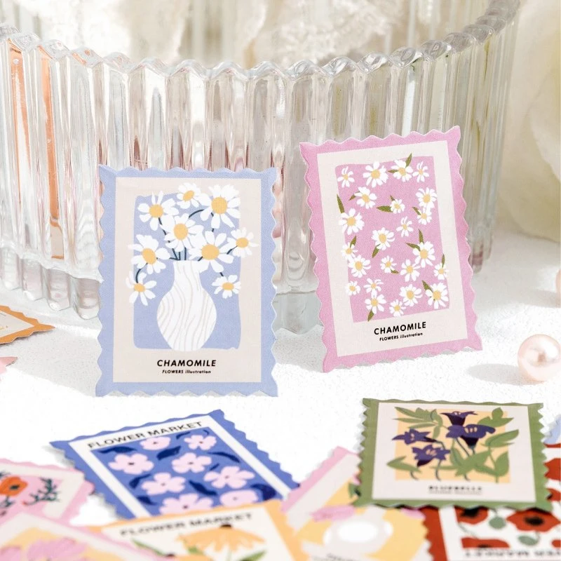 Custom Vintage Planner Decorative Label Die Cut Adhesive Cute Flower Post Office Stamp Waterproof Sticker