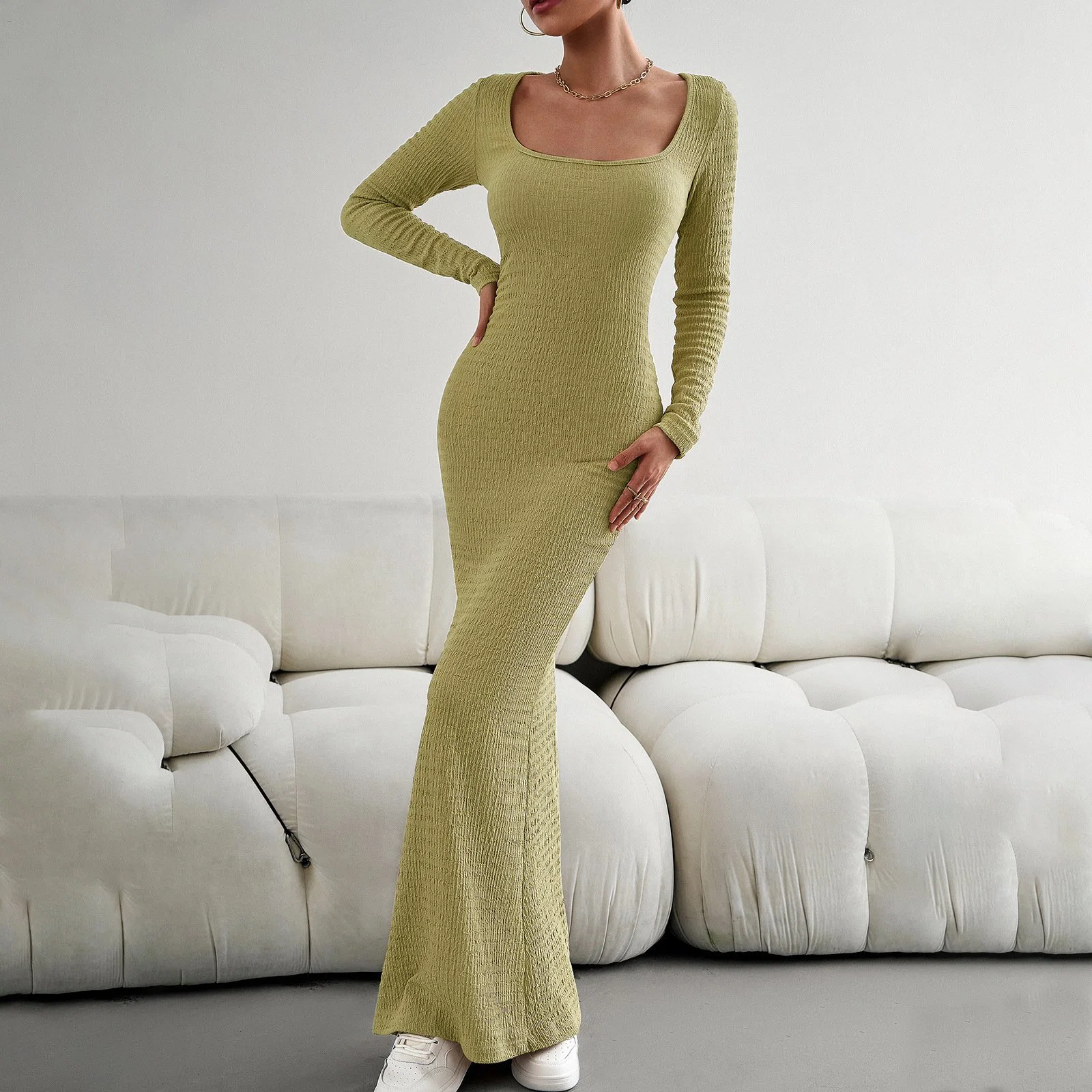 Slim Fit Square Neck Long Sleeve Knitted Dress