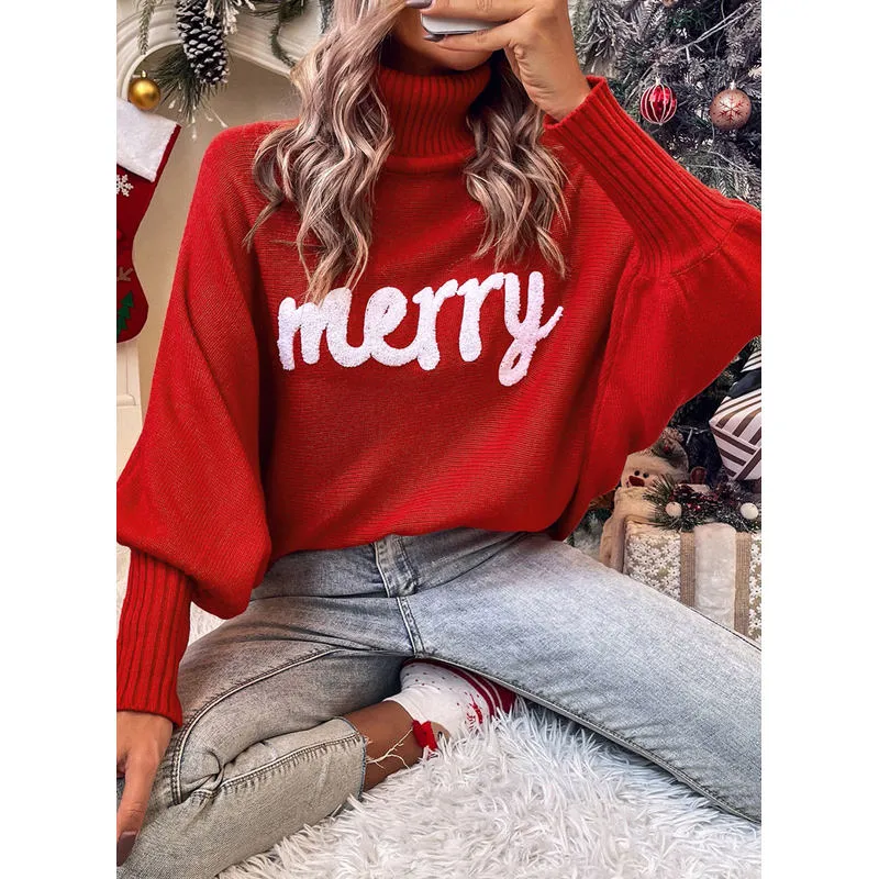 Wholesale Fast Shipping Winter Christmas Sweaters High Neck Turtleneck Embroidered Pullover Knit Women Sweaters