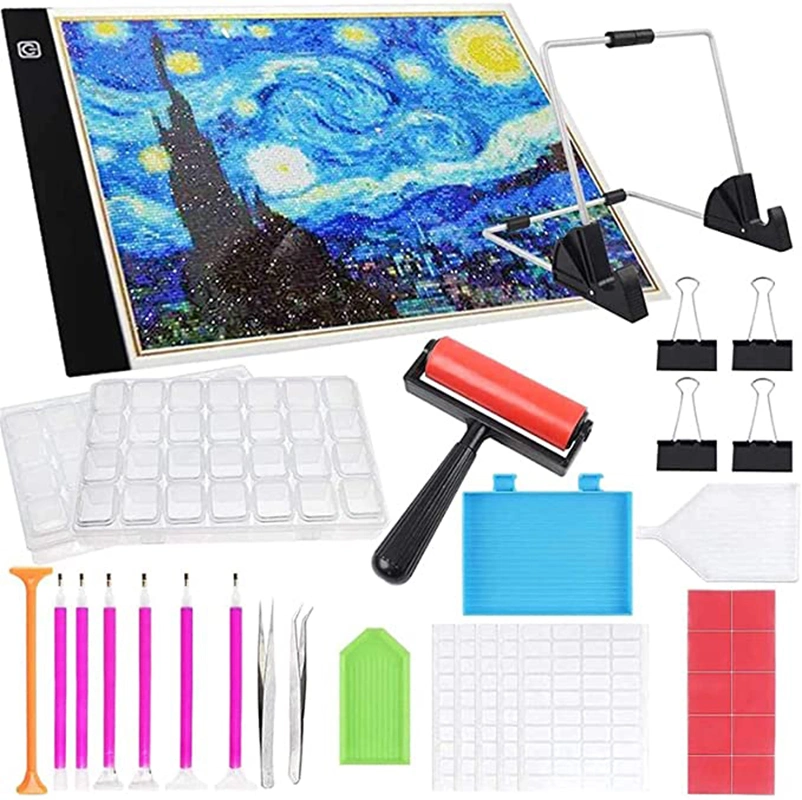 5D Diamond Painting Tools Kits Lip Tray Wax Easy Tool Set Containers Storage Box Accessories Tools Kit Tweezers Roller Funnel LED Panel Metal Clips Drill Pens