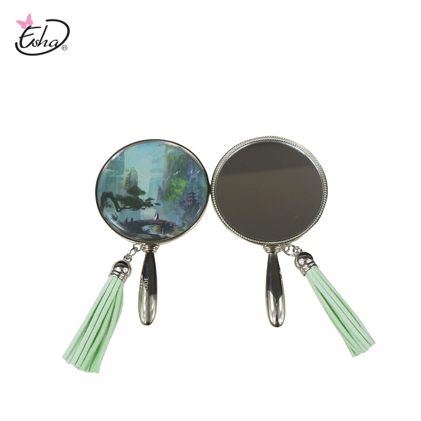 Metal Silver Round Handle Zinc Alloy Makeup Mirror