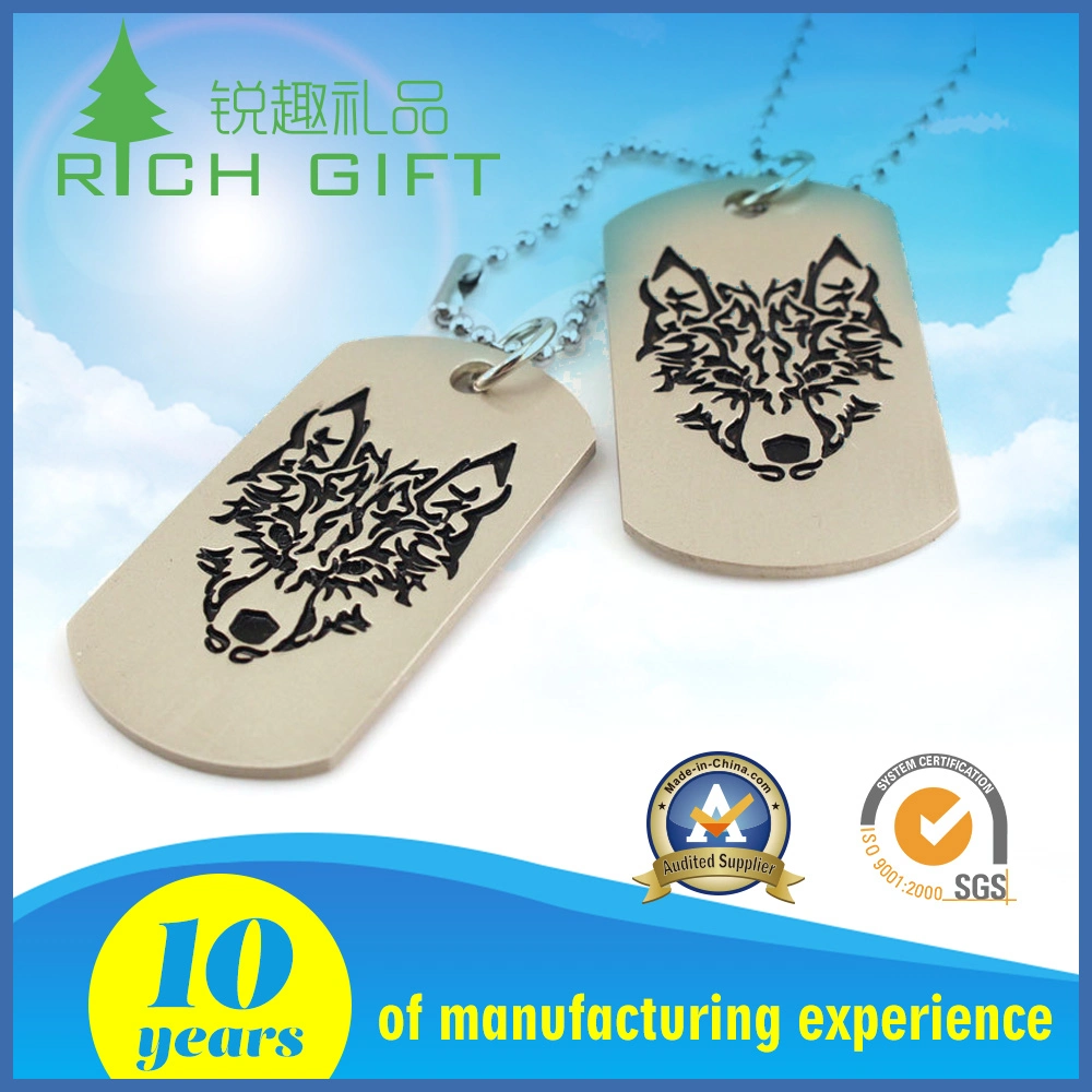 High Quality Wholesale Personalized Custom Metal Stainless Steel Military Necklaces Sublimation Laser Engraved Logo Nickle Cool Wolf Logo ID Name Plate Dog Tags