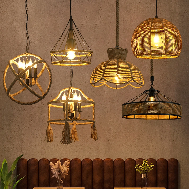 LED Rattan Pendant Lights Chandelier Light Fixture Hand Woven Rope Cage Basket Pendant Light