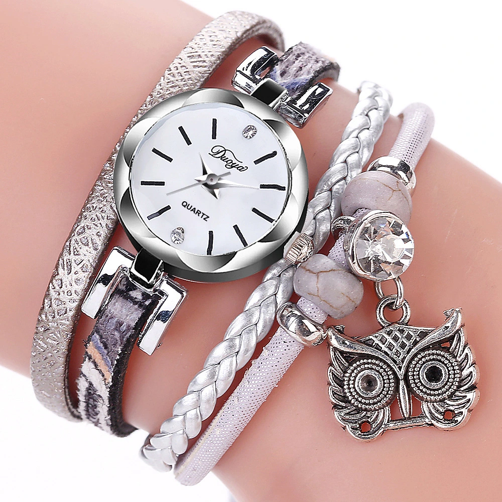 Sport Girls Reloj de muñeca Analog Quartz trenzado cuero muñequera Reloj Owl colgante pulsera relojes Esg13634