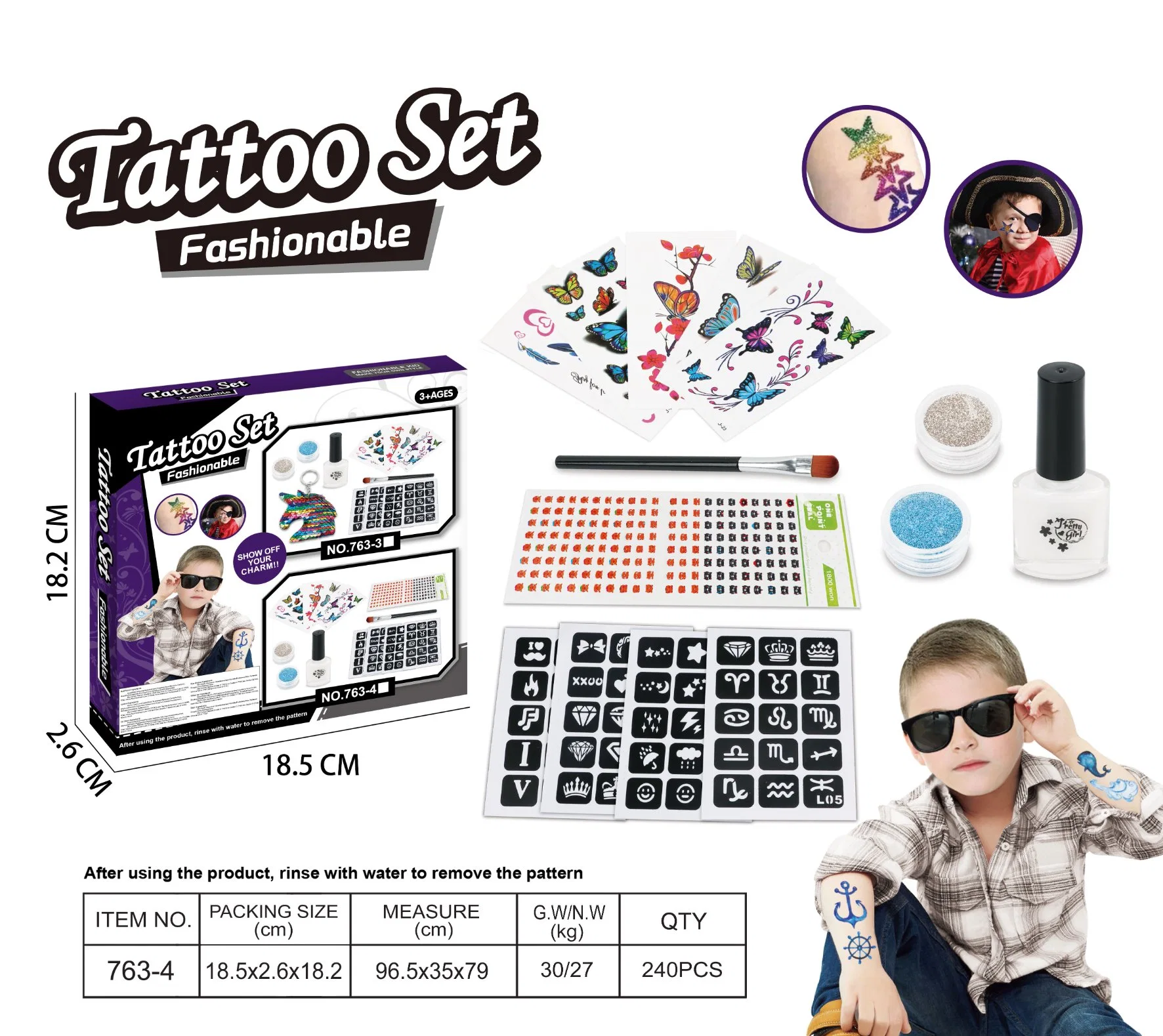 Tattoo Sticker Tattoo Mould Lipstick Ring Headband Glue Glitter Kids Cosmetic Set