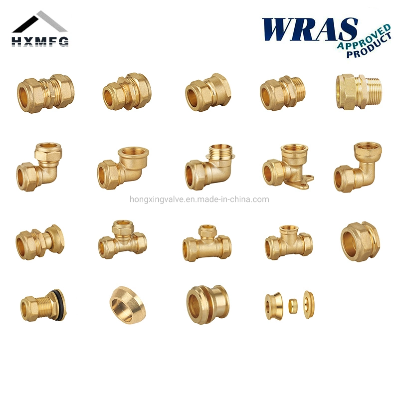 Adaptador de rosca de acoplamento em latão de gama completa WRAS, cotovelo de PE, PushFit Prima T Pex placa de parede conector de soldadura deslizante cruzado cobre Conector de compressão dobrado