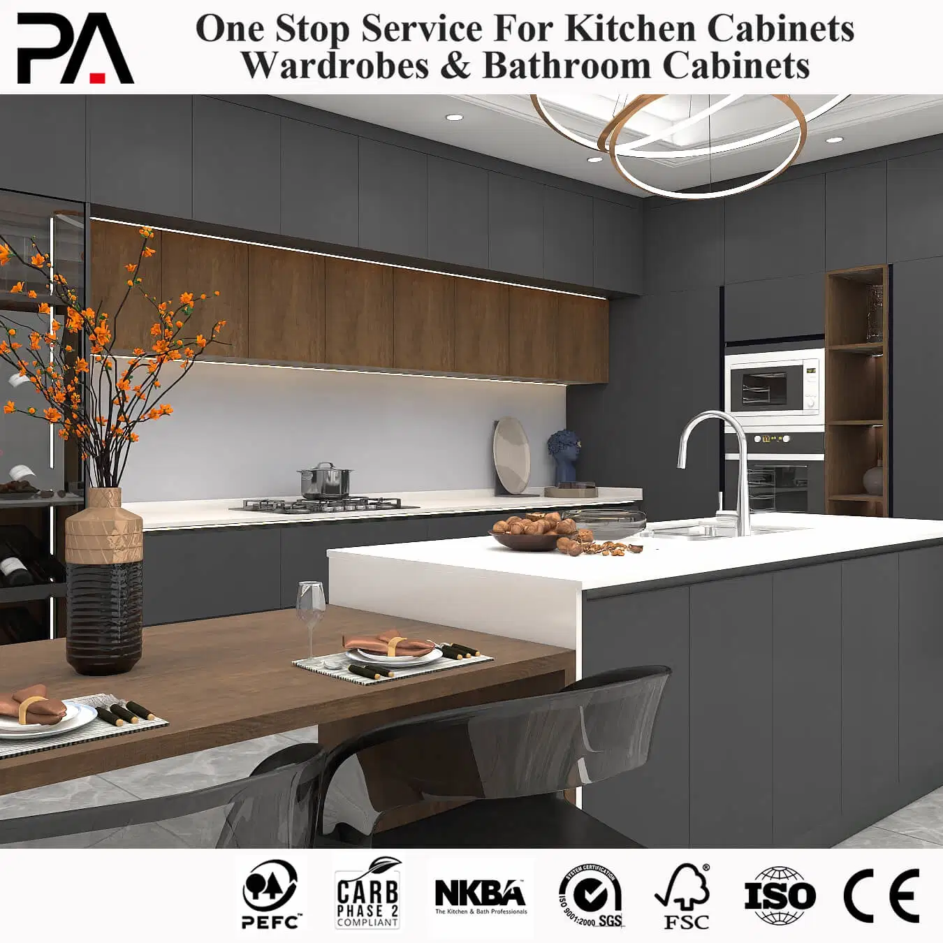 PA China personalizado MDF laminado Atacado Verniz cinzento de armazenamento Pantry Armários de cozinha