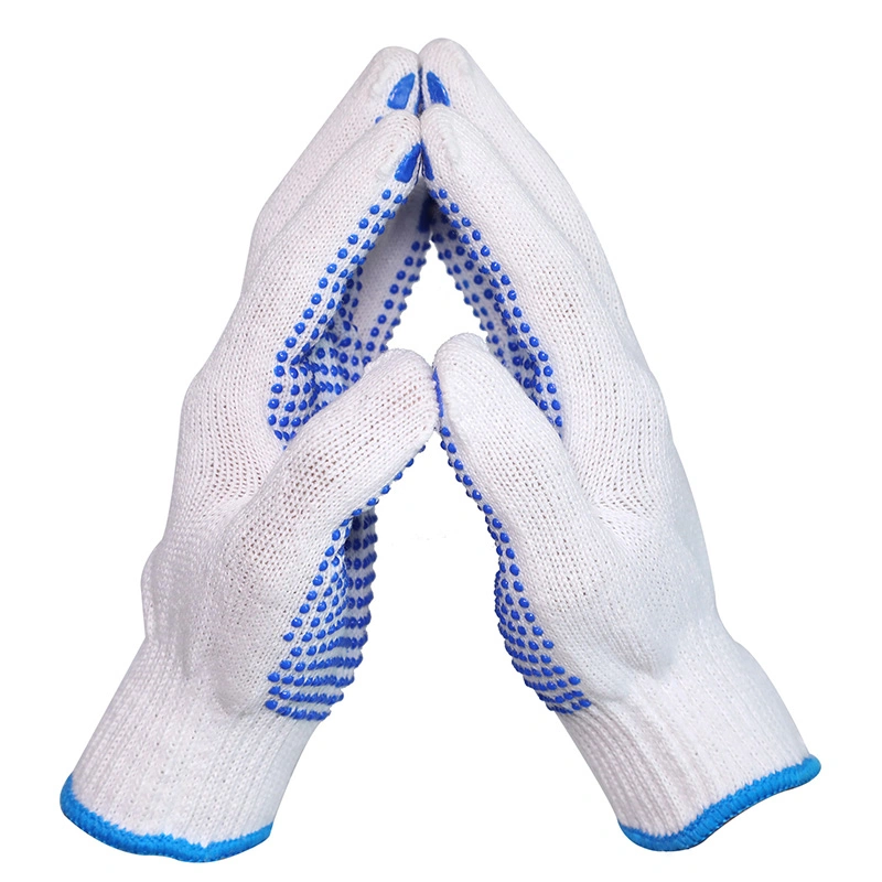 Guantes de trabajo de algodón blanco de punto de punto de PVC-Blue con caucho Palma DE PUNTOS