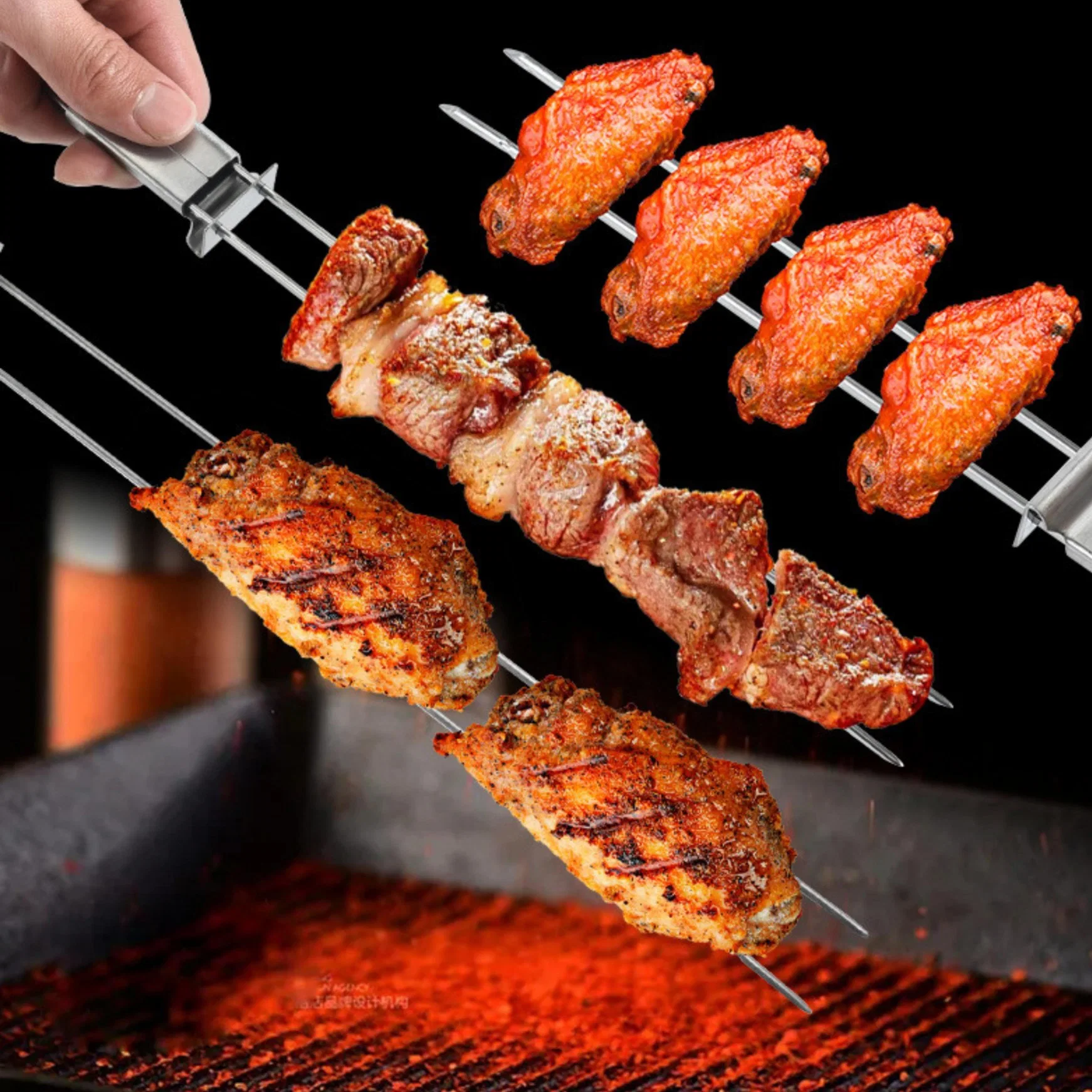 Skewers for Grilling-Long Double Pronged BBQ Skewers with Push Bar