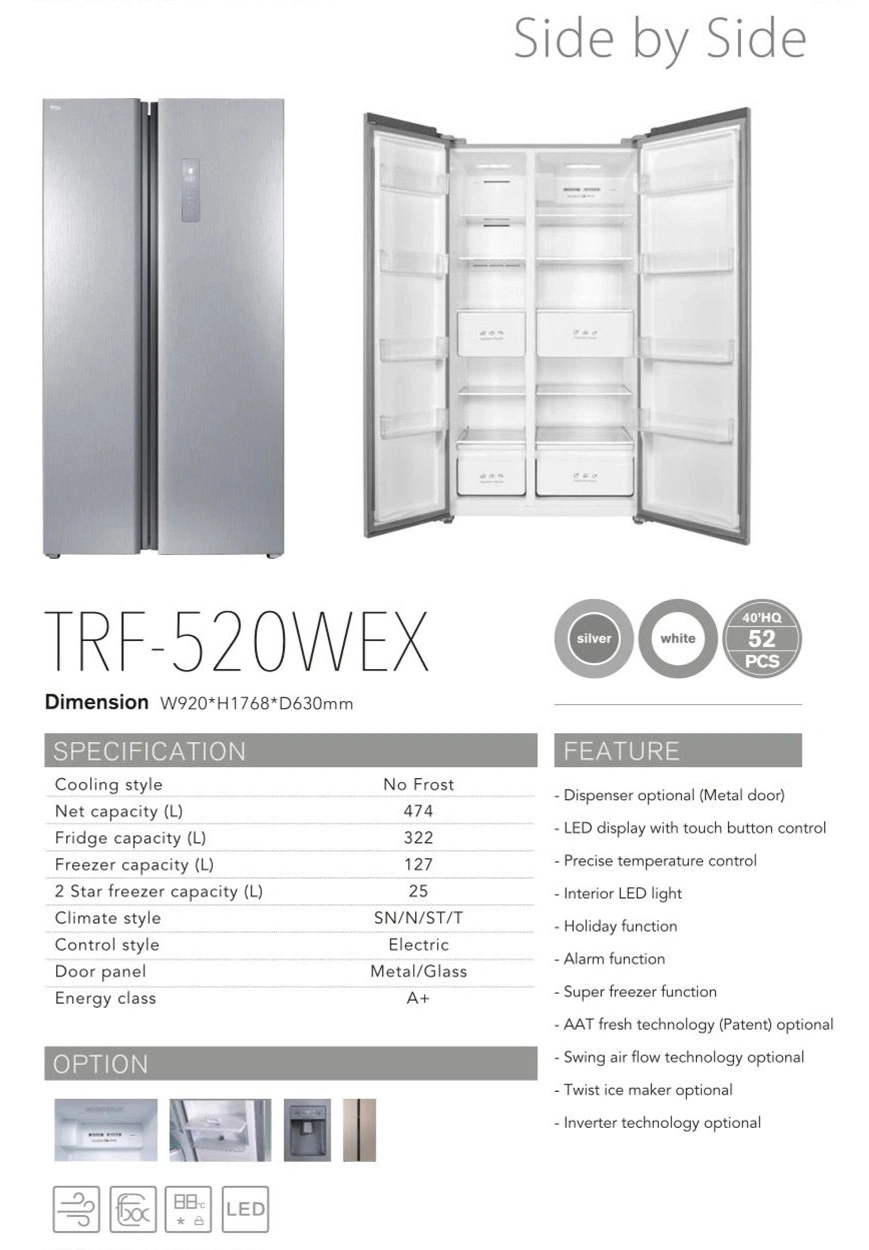 Côte à côte sans gel 520L n° de commande électronique Frost réfrigérateur