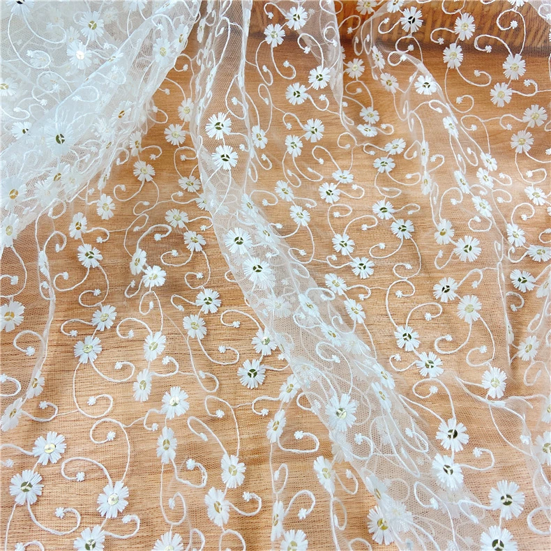 Embroidery Lace Milk Silk Sequins Mesh Lace Fabric Clothing Wedding Embroidery Fabrics