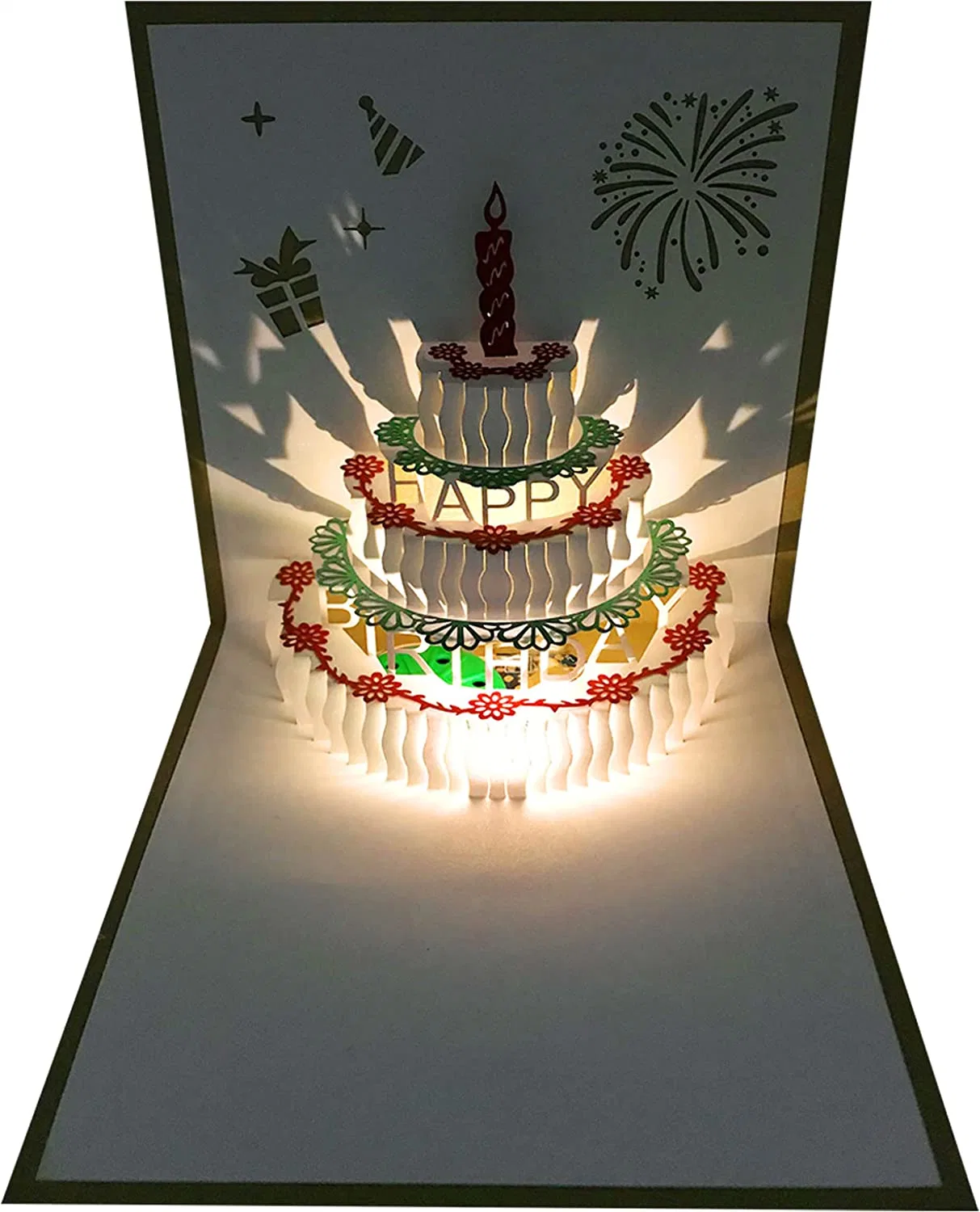 Cartões de aniversário 3D Aquecimento LED Light bolo de aniversário música postais Cartões de felicitações pop-up