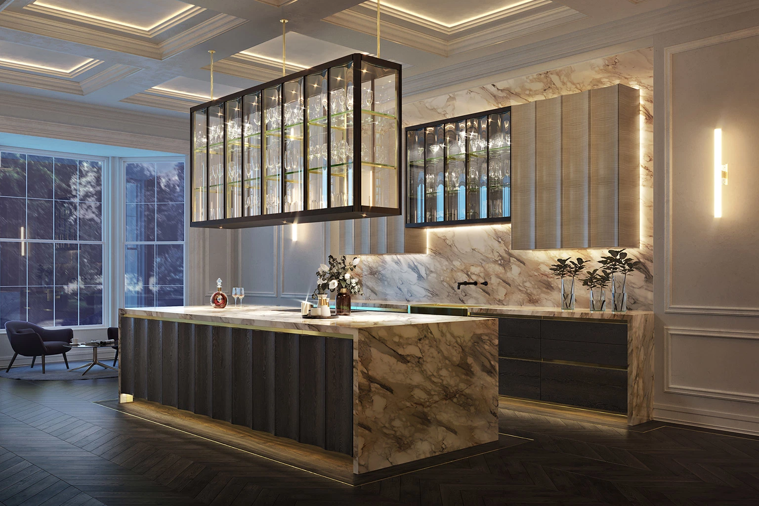 Meuble de cuisine en bois massif de luxe haut de gamme moderne avec plan de travail en marbre.