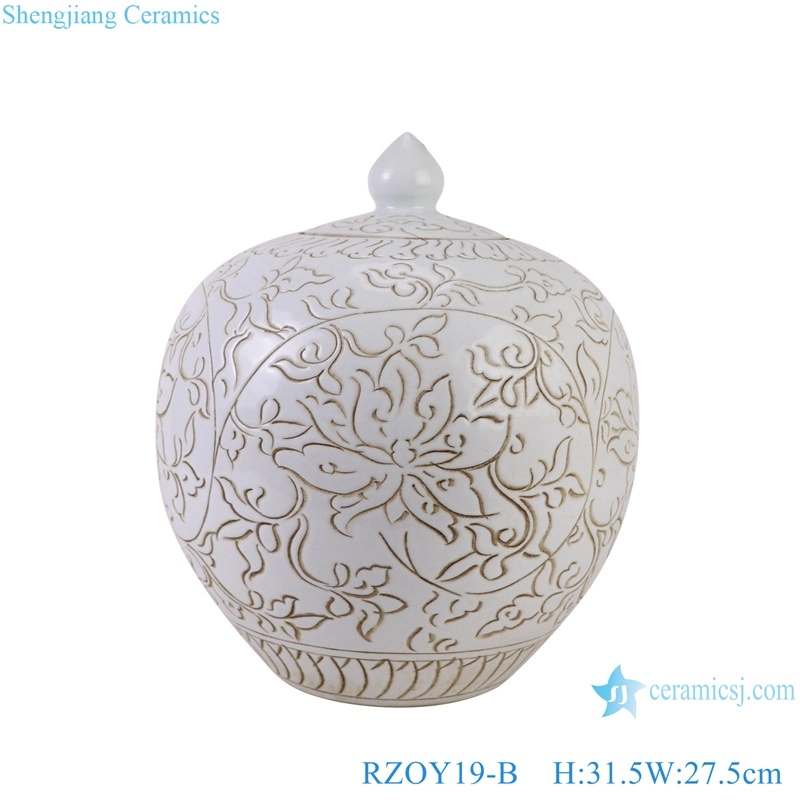 White Color Twsited Flower Hand Carved Watermelon Shape Belly Porcelain Lidded Jars Ceramic Pot Holder