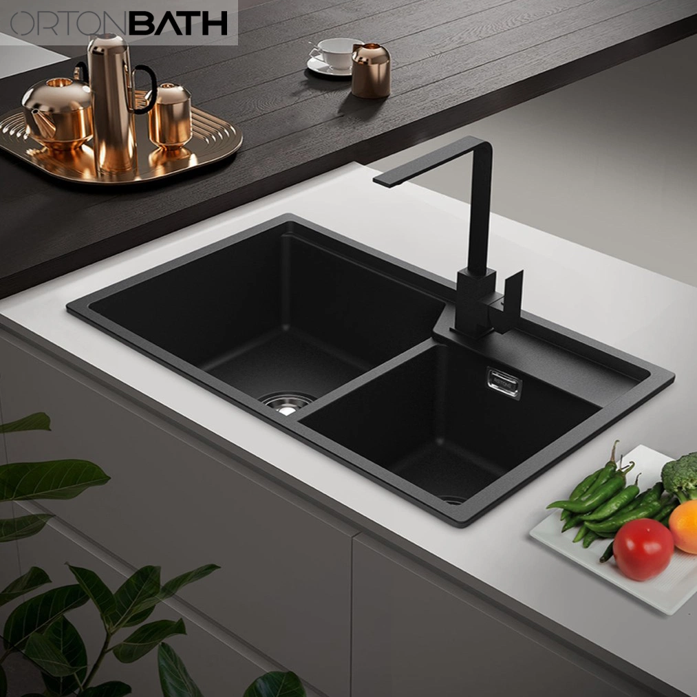 Ortonbath Negro rectangular Topmount un tazón compuesto Granite calor compuesto Fregadero de cocina resistente a los arañazos con orificio de 1