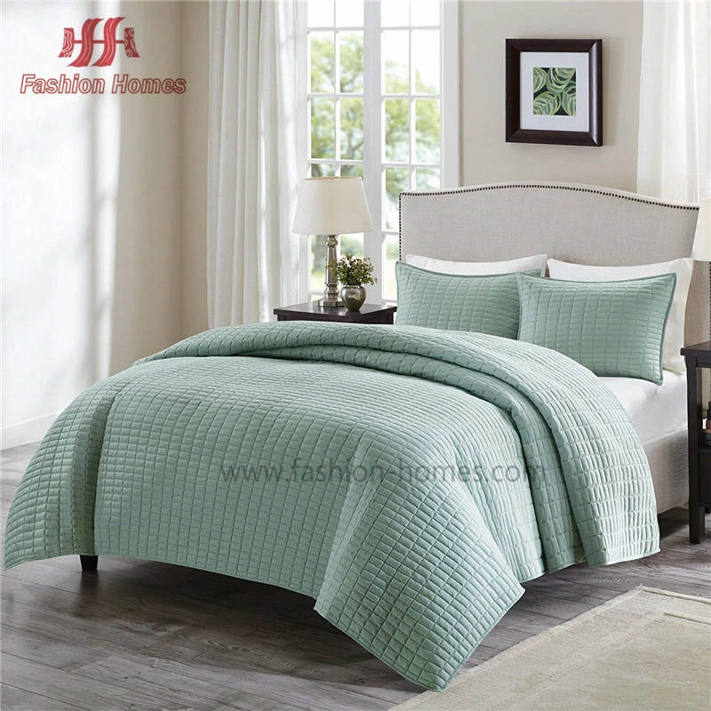 F-2114 Grey Checkered Style 100% Polyester Embroidery Quilt Bedspread Coverlet Set