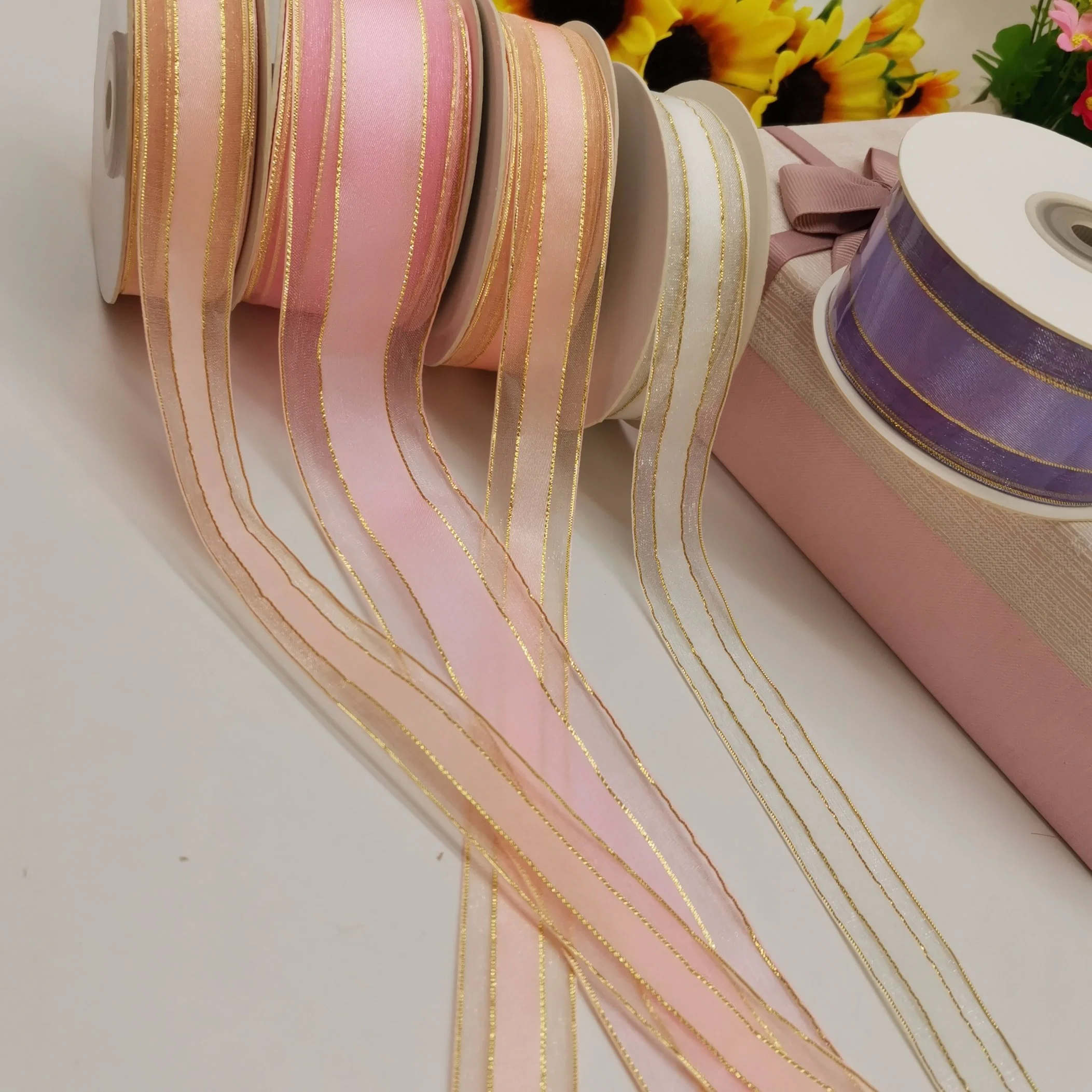 Factory/Wholesale/Supplier/OEM 100% Nylon Satin Center Organza Ribbon with Gold/Silver Trim