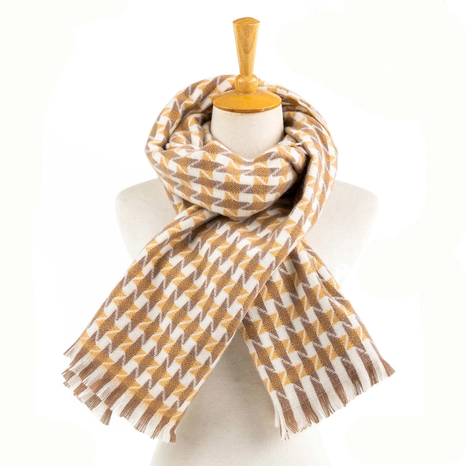 Wholesaler Outerwear Apparel Accessory Woman Winter Warm Camel Cashmere Feel Woven Tassel Grid Checks Stoles Shawl Pashmina Character Blanket Scarf