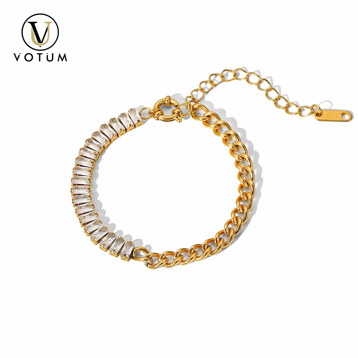 Votum Fashion Natural Crystal Cuban Link Chain Bracelet with S925 Sterling Silver Handmade Jewelry